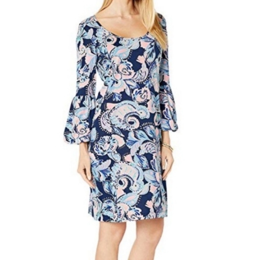 Lilly Pulitzer Carlile Dress in High Tide Navy Holy Flockamolie Print Size Large